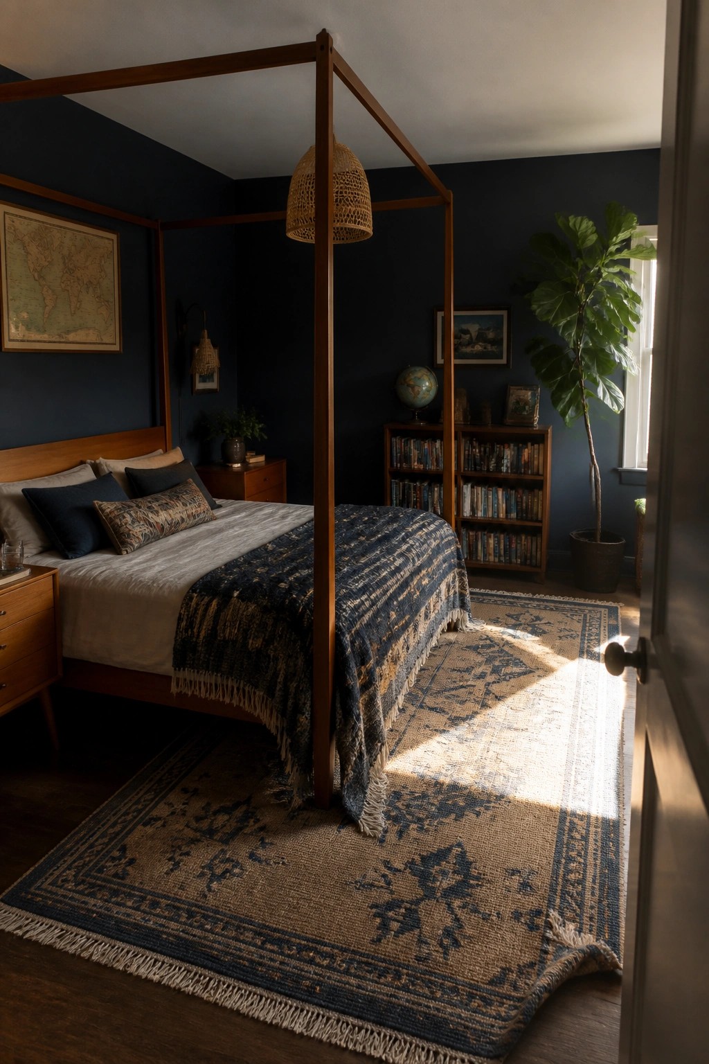 Cozy dark blue bedroom with four-poster bed, bookshelves, rugs, and potted plant in sunlight.