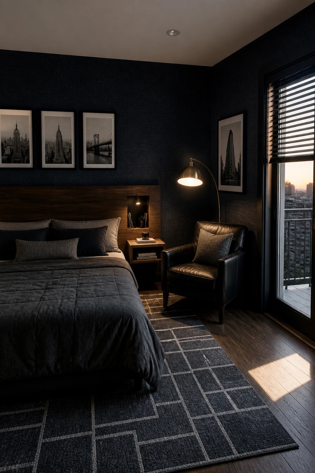 Dark modern bedroom with bed, leather chair, geometric rug, city art, and balcony view.