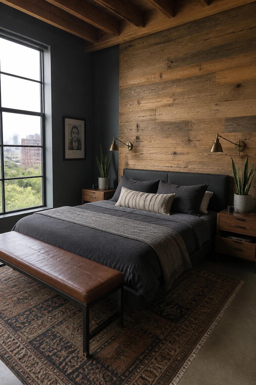 A bedroom with dark blue walls, a wood plank accent wall behind the bed, dark bedding, wooden nightstands, a brown leather bench, and a large window on the left.
