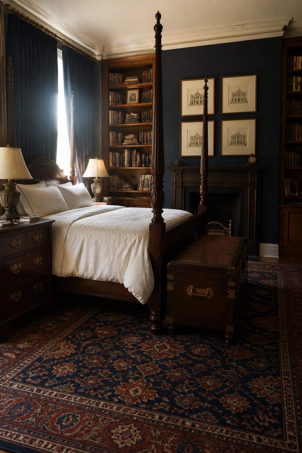 Elegant four-poster bed in navy blue bedroom with fireplace, bookshelves, and Persian rug.