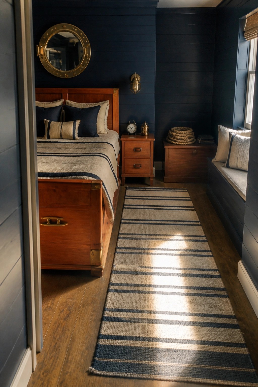 A narrow bedroom with dark blue walls, a wooden bed frame, nightstand, and chest, a striped rug on the floor, and a window seat on the right.