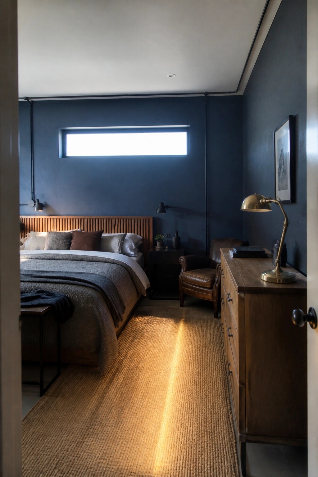 A bedroom with dark blue walls, a wooden bed frame, a wooden dresser on the right, a leather chair, and a woven rug with sunlight across the floor.
