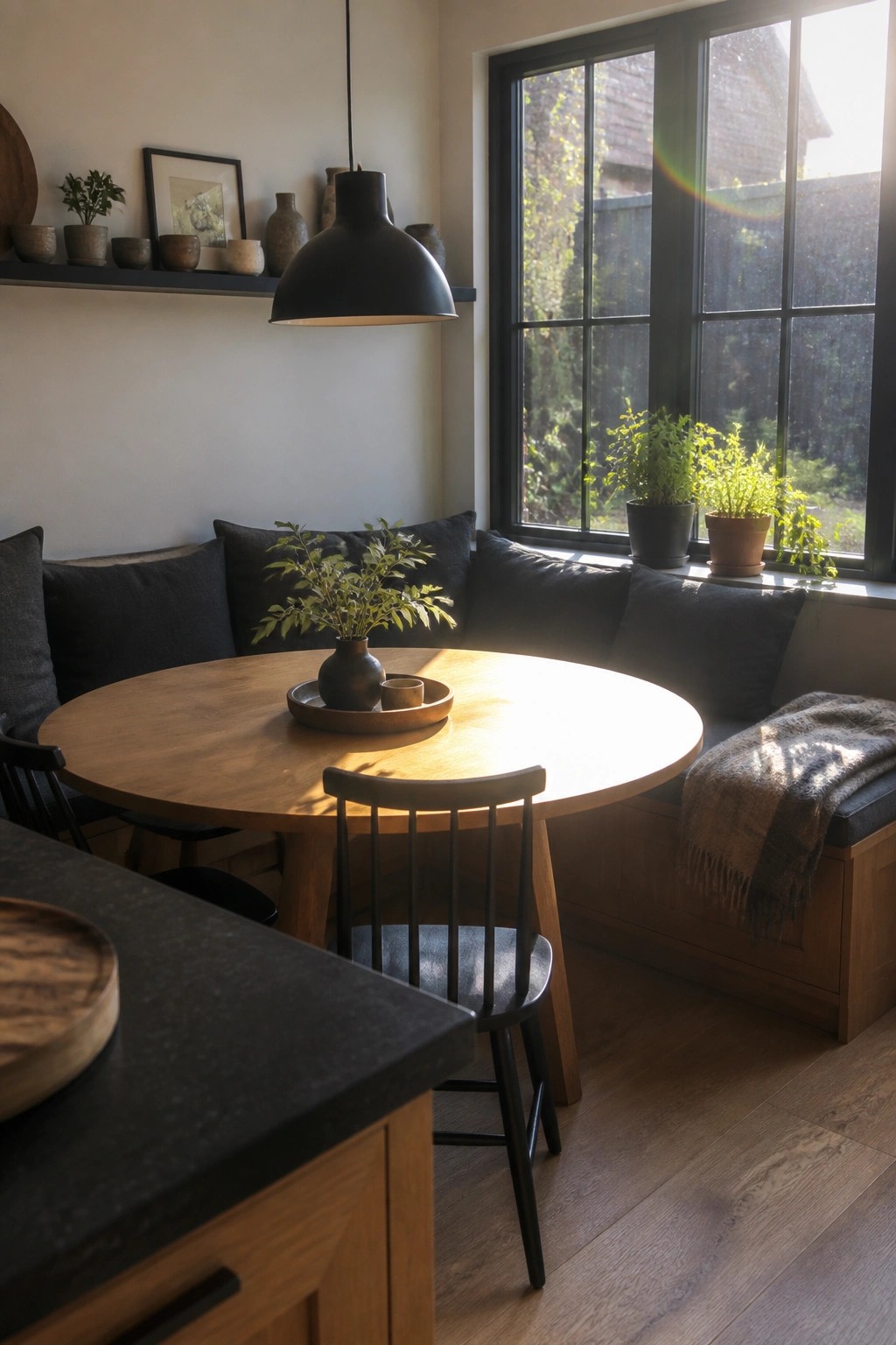 Round wooden table with black chairs in sunlit nook by window and bench