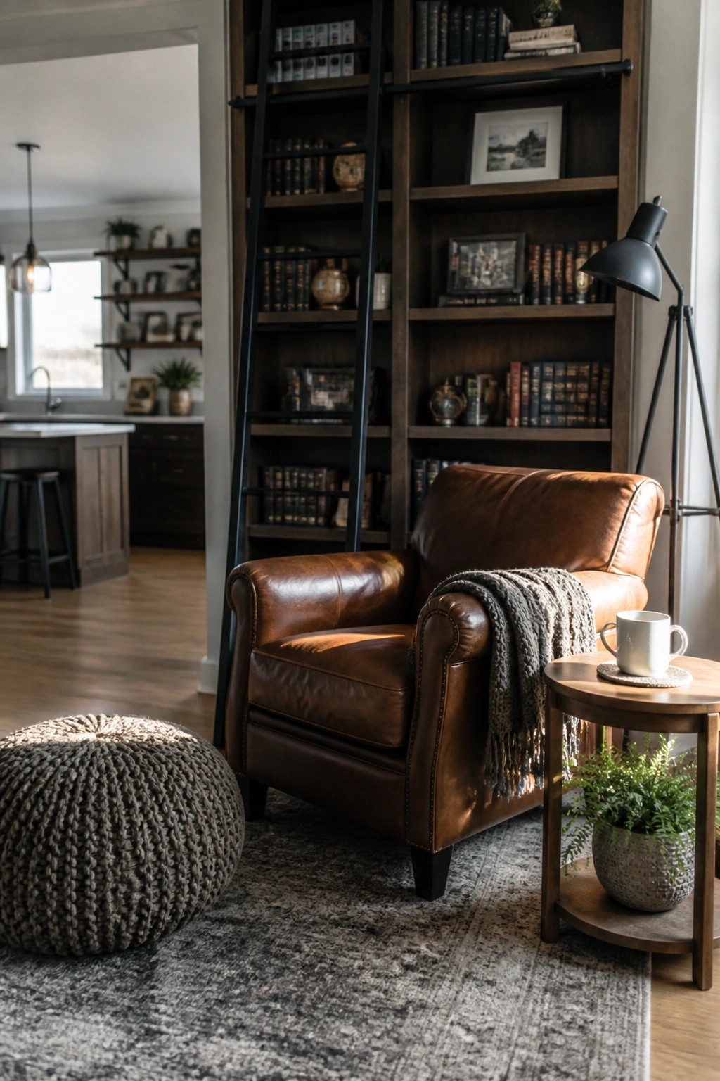 Brown leather armchair with blanket beside bookshelf, pouf, and side table