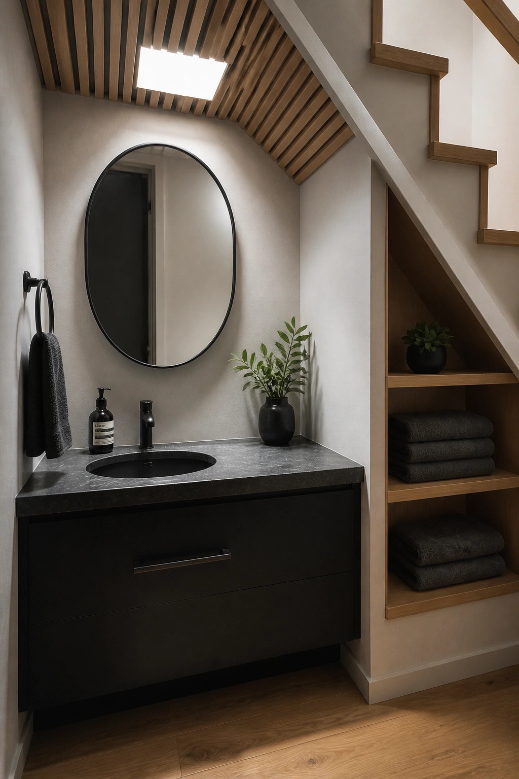 Modern under-stair bathroom with black vanity, round mirror, and wooden towel shelves
