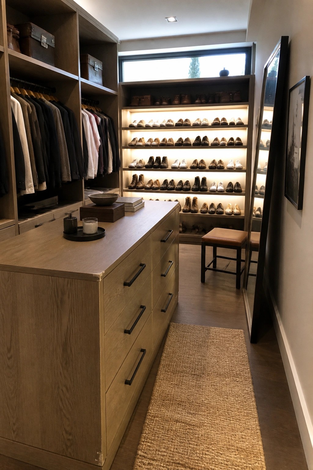 A narrow walk-in closet featuring wooden built-in shelves, drawers with black handles, hanging racks, and illuminated shoe displays.