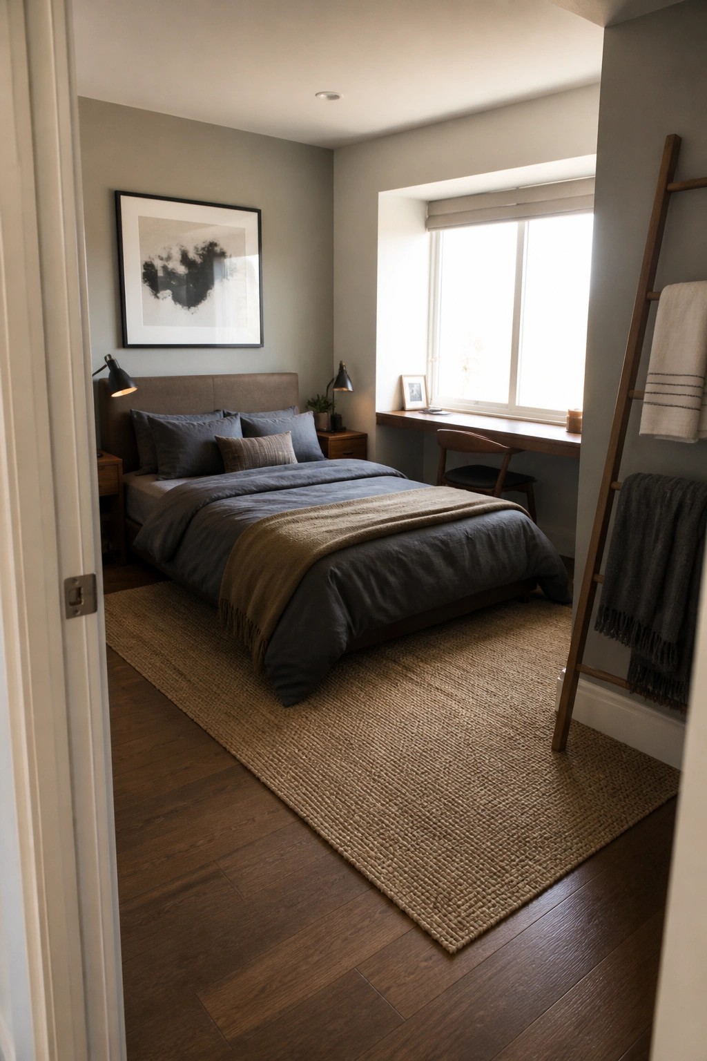 Modern bedroom with gray bed, jute rug, wooden desk, and towel ladder.