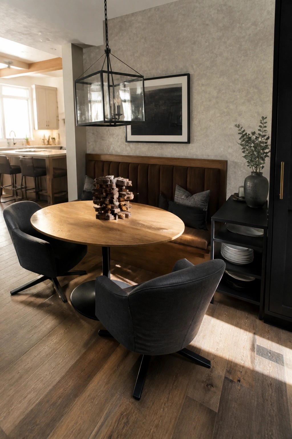 A round light wood dining table with two dark gray swivel chairs and a black metal pendant light above it, set against a brown upholstered banquette in a room with wood flooring.