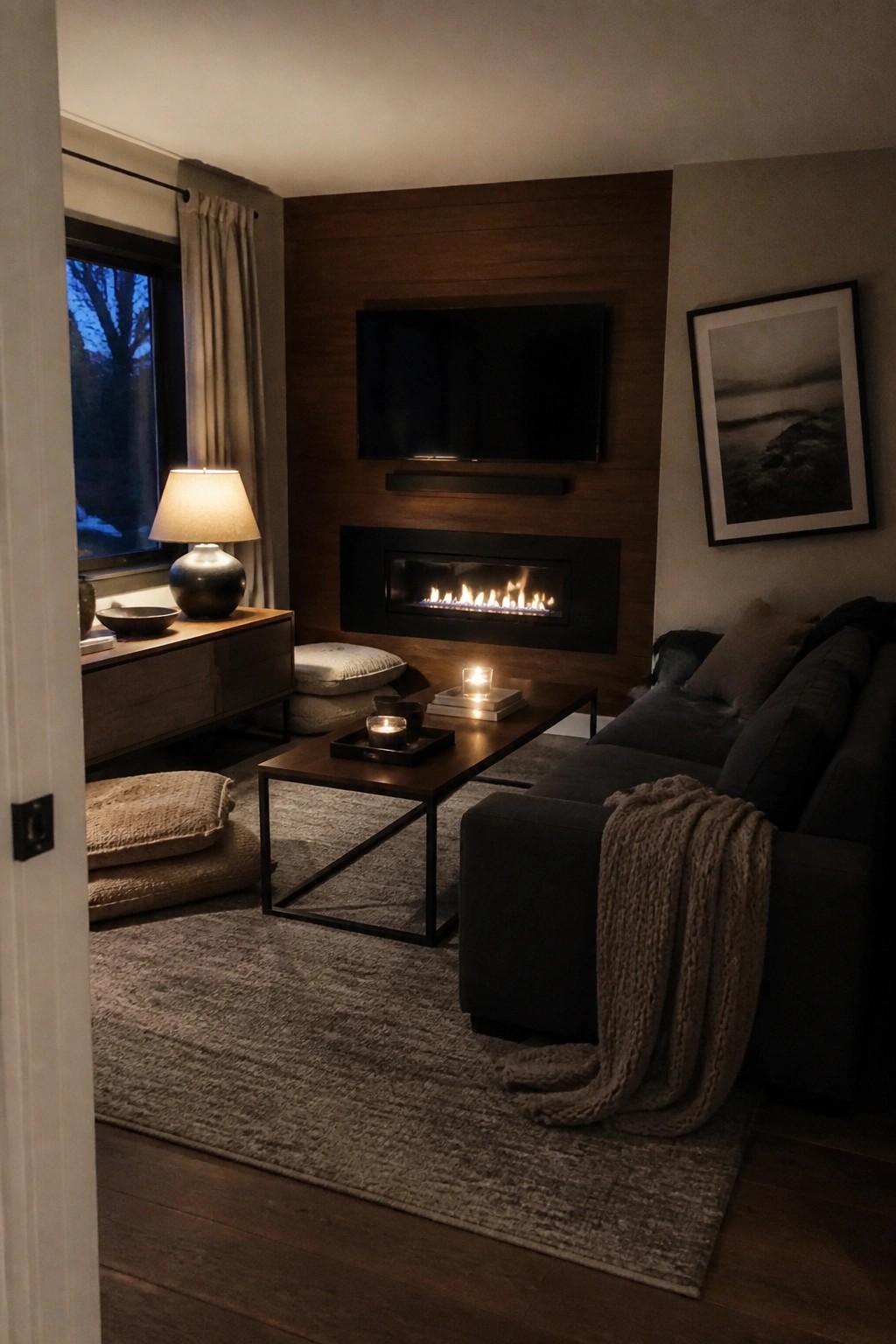 A living room featuring a wood-paneled wall with a built-in fireplace and television above it, a dark sectional sofa, and a wooden coffee table on a gray rug.