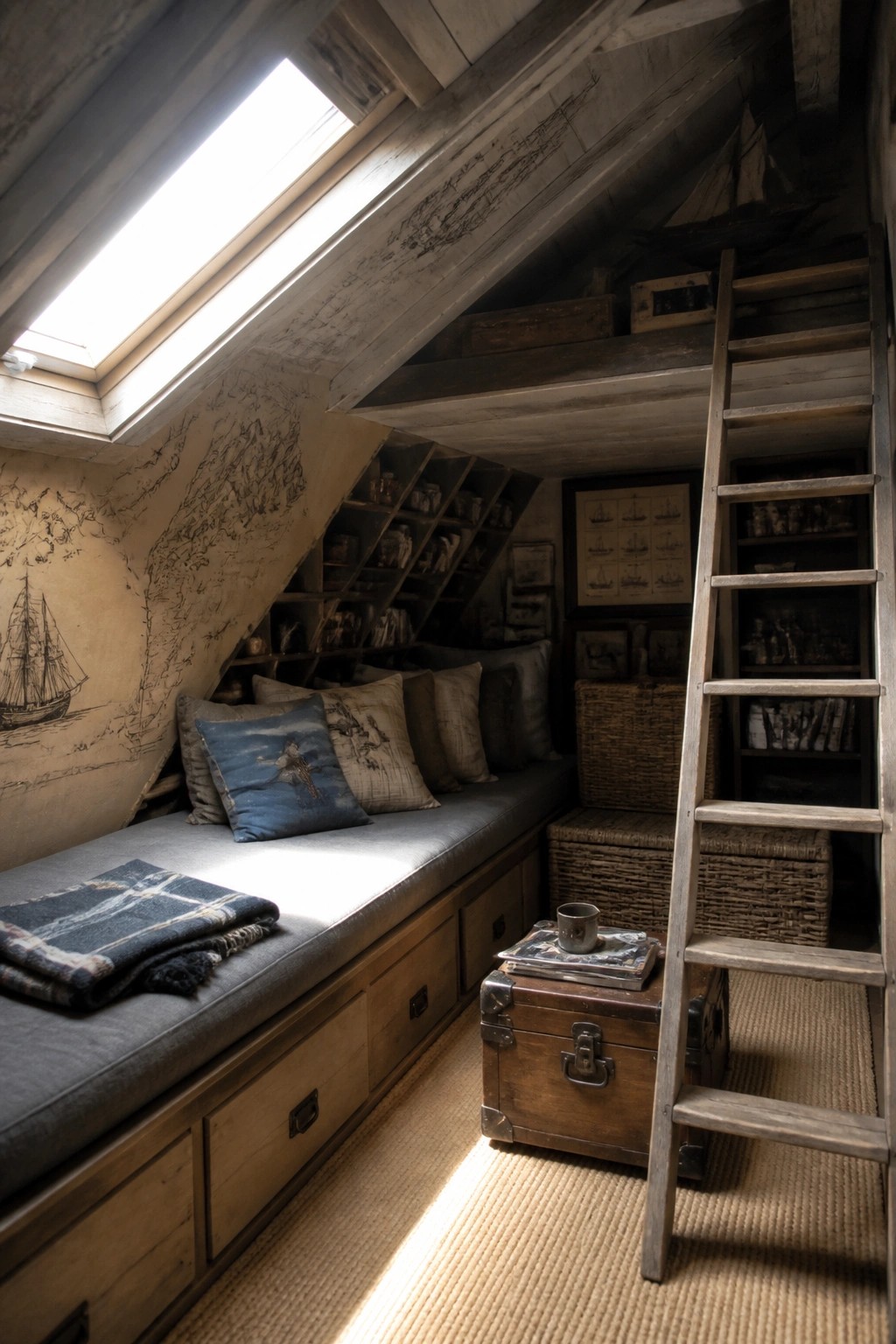 An attic room with a built-in wooden bench seat that has storage drawers, a skylight above, wall shelves, a ladder, and a trunk on a woven rug.