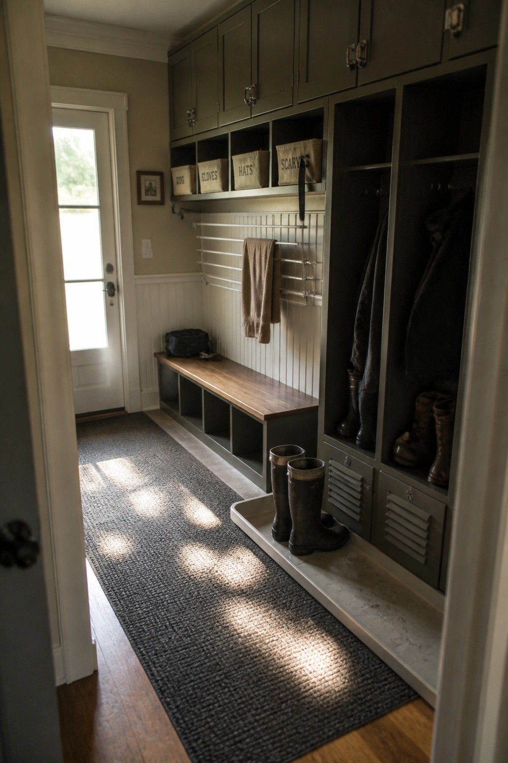 A narrow interior entryway with dark green built-in cabinets, open cubbies labeled for hats and scarves, a wooden bench, boot storage trays, and a gray runner rug on the floor.