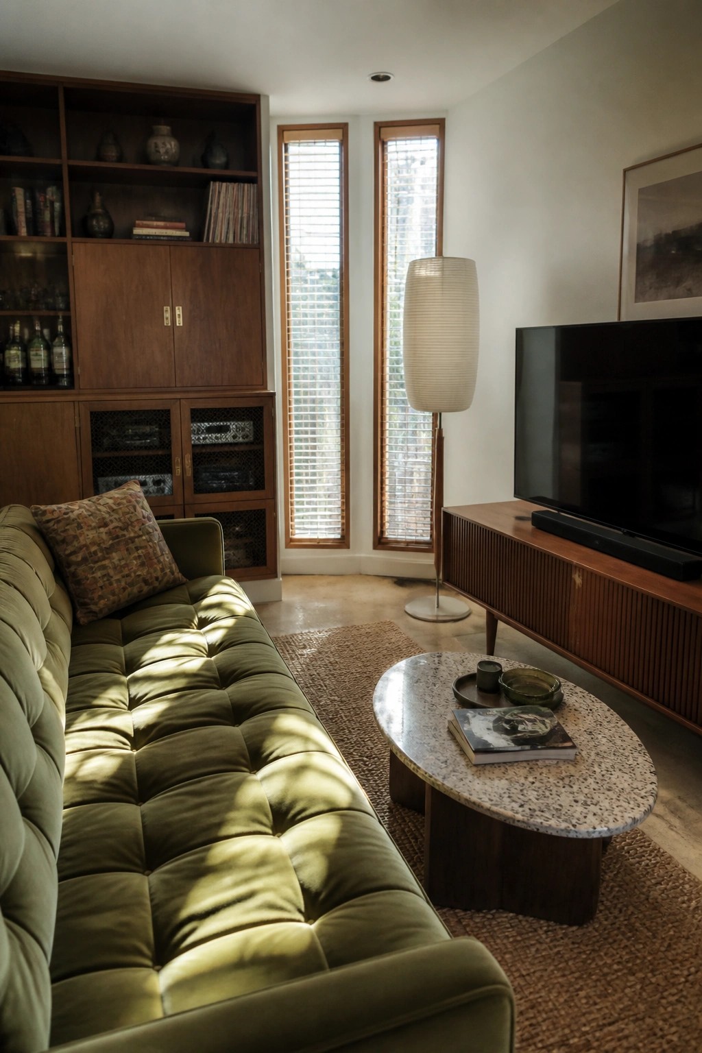 A living room featuring a green tufted sofa facing wooden built-in cabinets with mesh doors, a television on a wood console, and a round stone coffee table on a woven rug.
