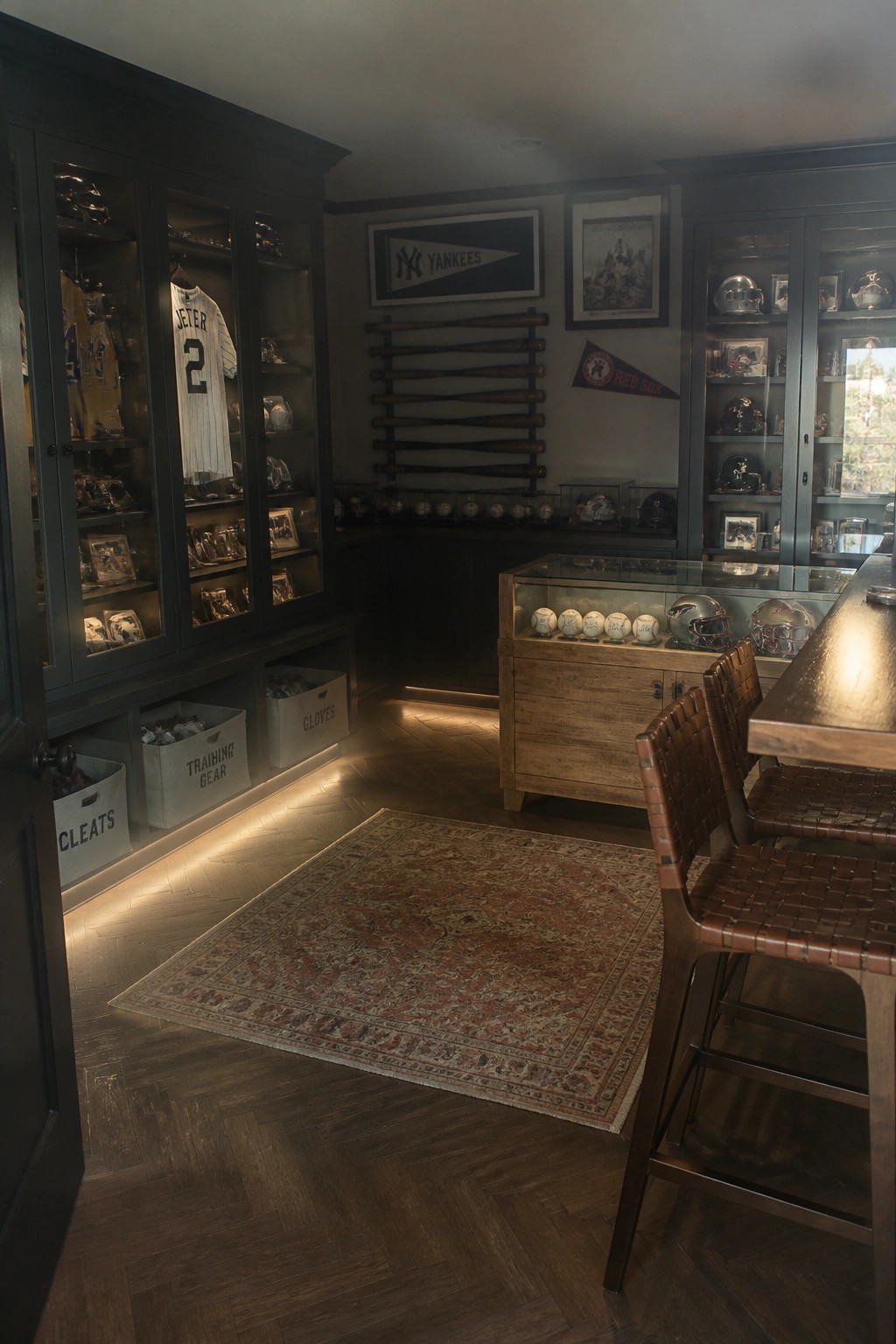 Interior view of a room with dark built-in cabinets displaying baseball jerseys, helmets, and memorabilia, with labeled storage bins below and a wooden counter with chairs on a rug.