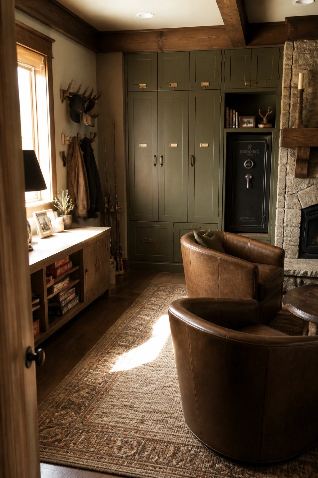 A room interior showing dark green built-in cabinets with a black Browning safe set into the wall, two brown leather chairs, and a patterned rug on a wood floor.