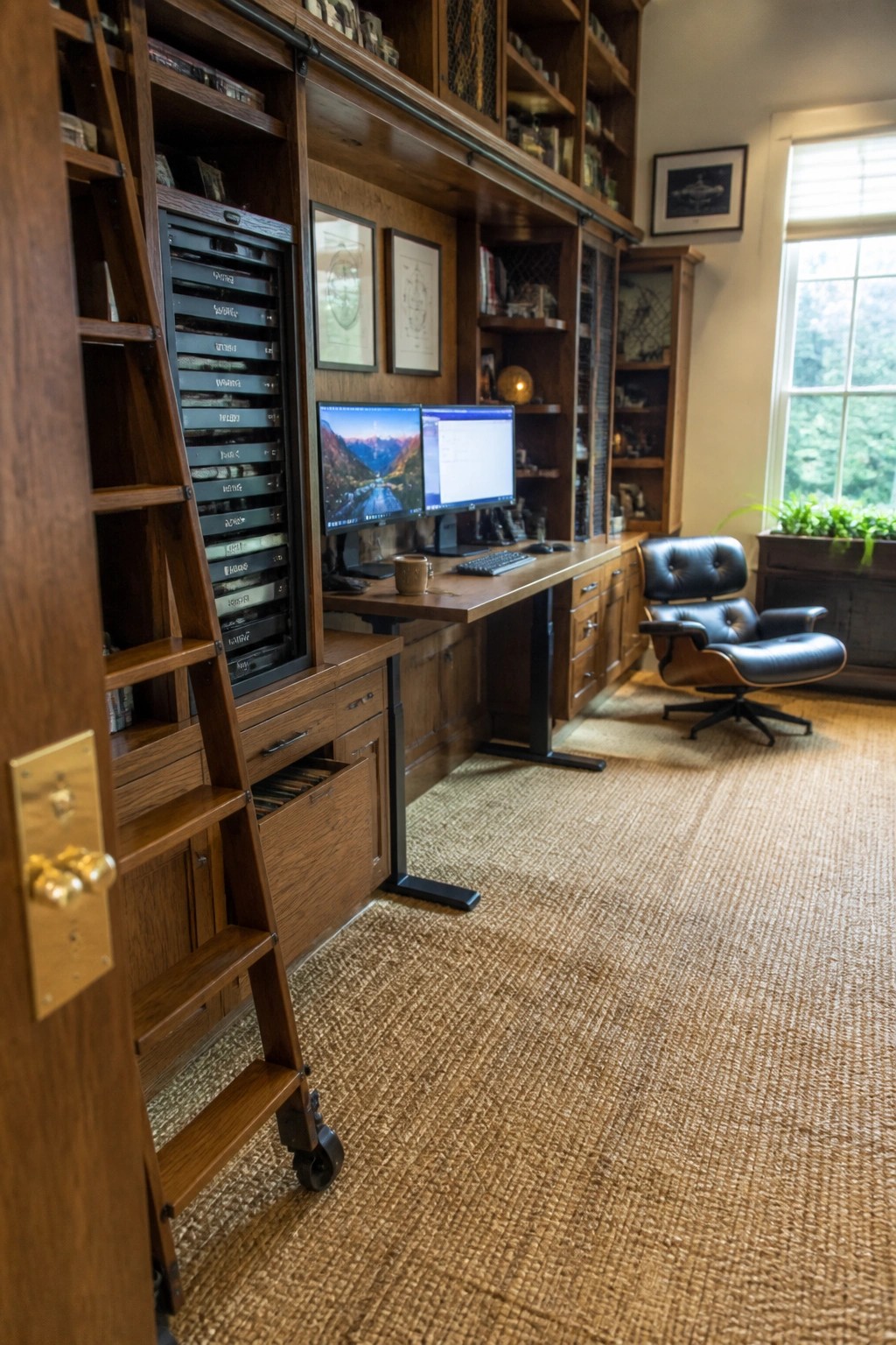 Wooden built-in cabinets with a rolling ladder, a desk with two monitors, and a black leather chair in a home office.