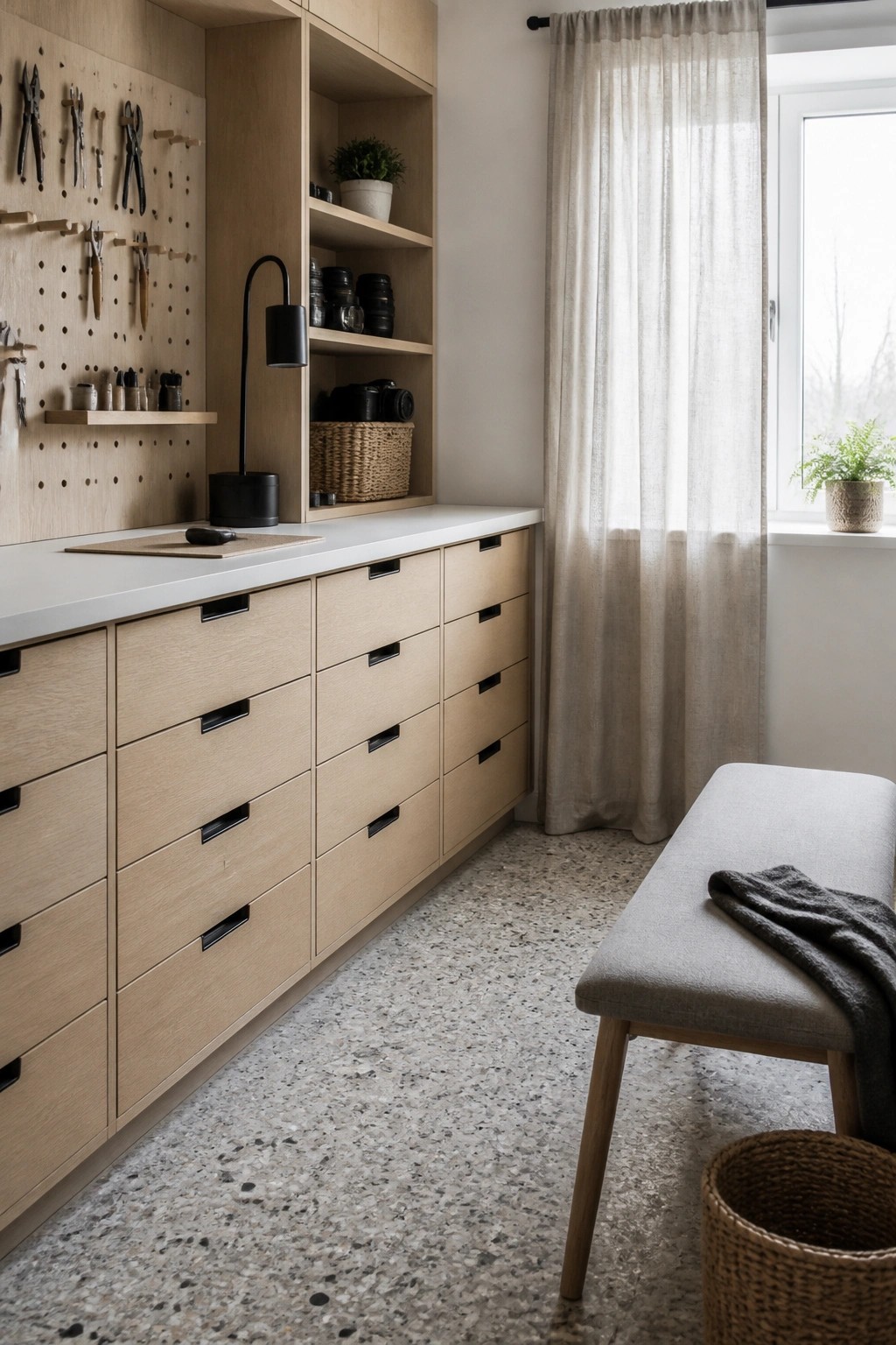 Light wood built-in cabinets with many drawers, open shelves holding camera gear and a plant, a pegboard wall with hanging tools, and a window with sheer curtains on the right.