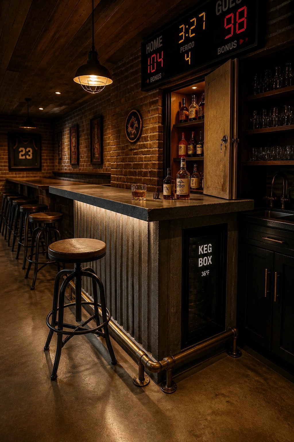 Interior view of a bar with an open wooden cabinet door showing liquor bottles on shelves above a glass-fronted keg box labeled 36°F.