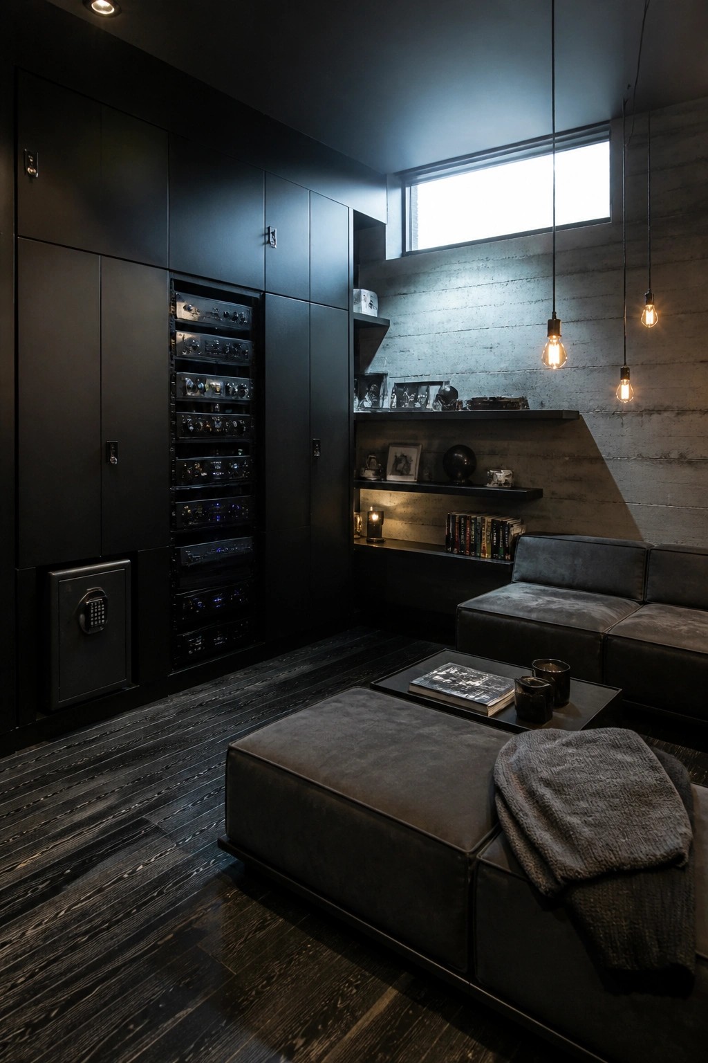 A dimly lit room with tall black built-in cabinets along one wall, a visible floor safe, floating shelves with books and decor, a gray sectional sofa, and pendant lights hanging from the ceiling.