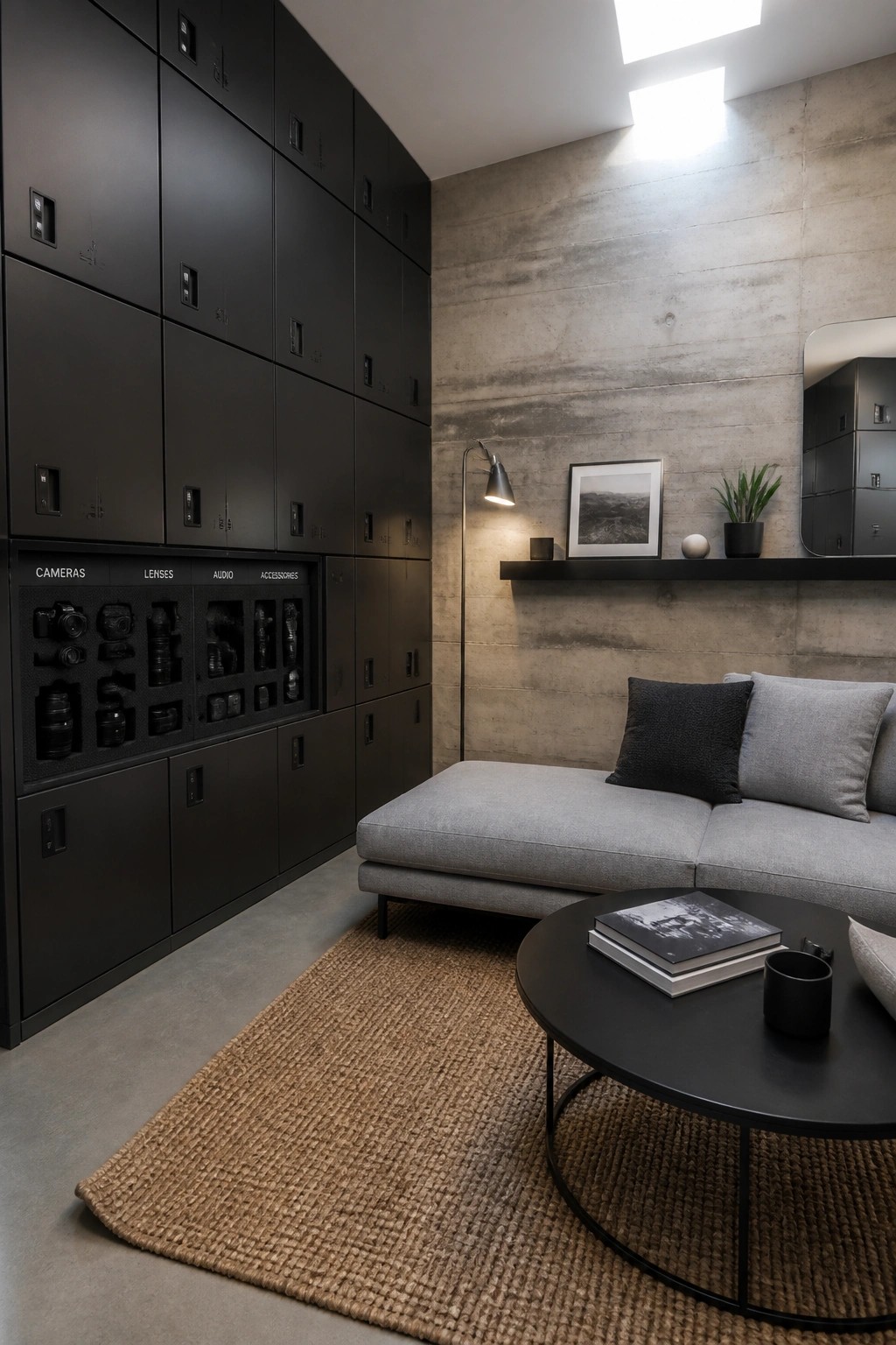 Modern lounge with black camera storage cabinets, gray sofa, and concrete walls.