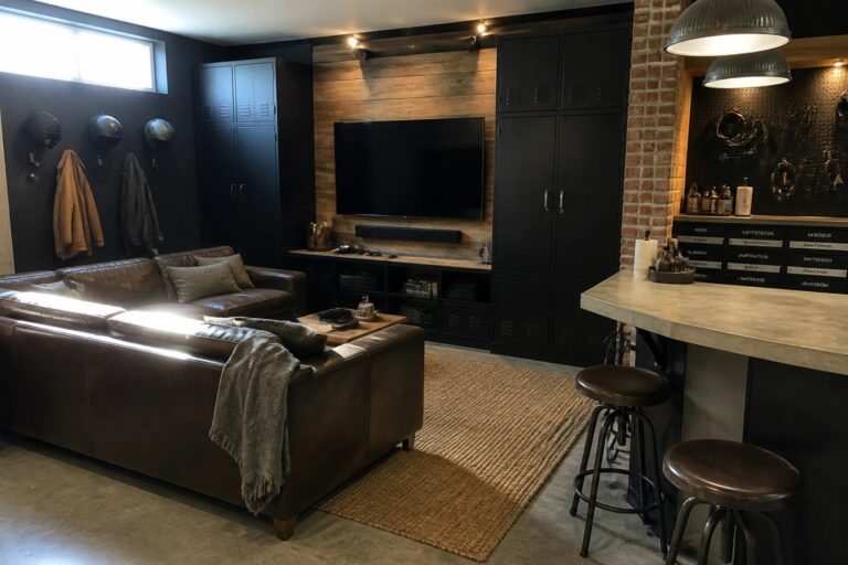 22 Organized Man Cave Storage Ideas Built Around Locking Cabinets and Gear Zones Industrial loft with dark leather sectional, black lockers, TV, and concrete bar stools