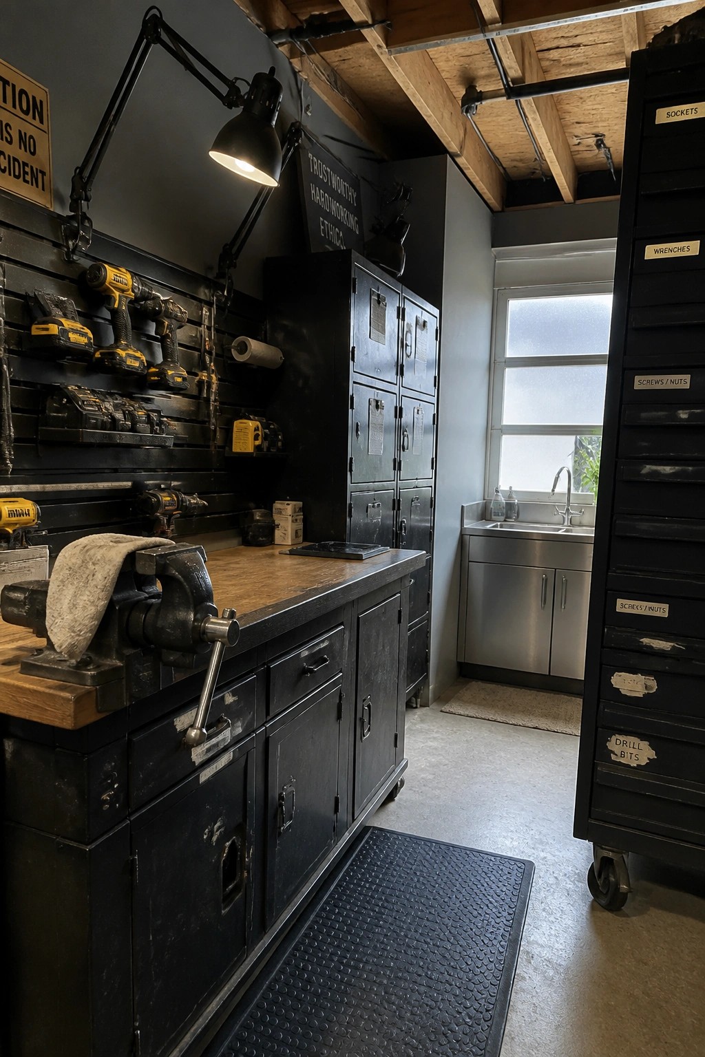 Workshop interior showing black locking cabinets, a wooden workbench with vise, wall-mounted power tools, and a rolling cabinet with labeled drawers.