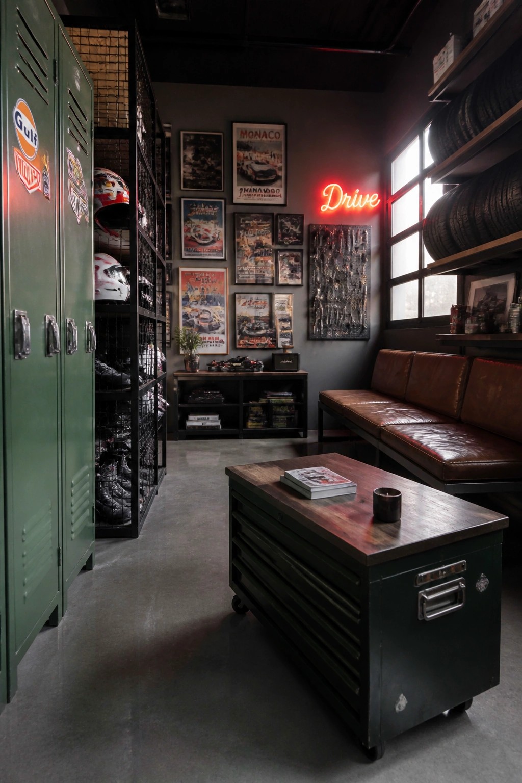 Green lockers, racing posters, neon drive sign, leather sofa, tool chest table