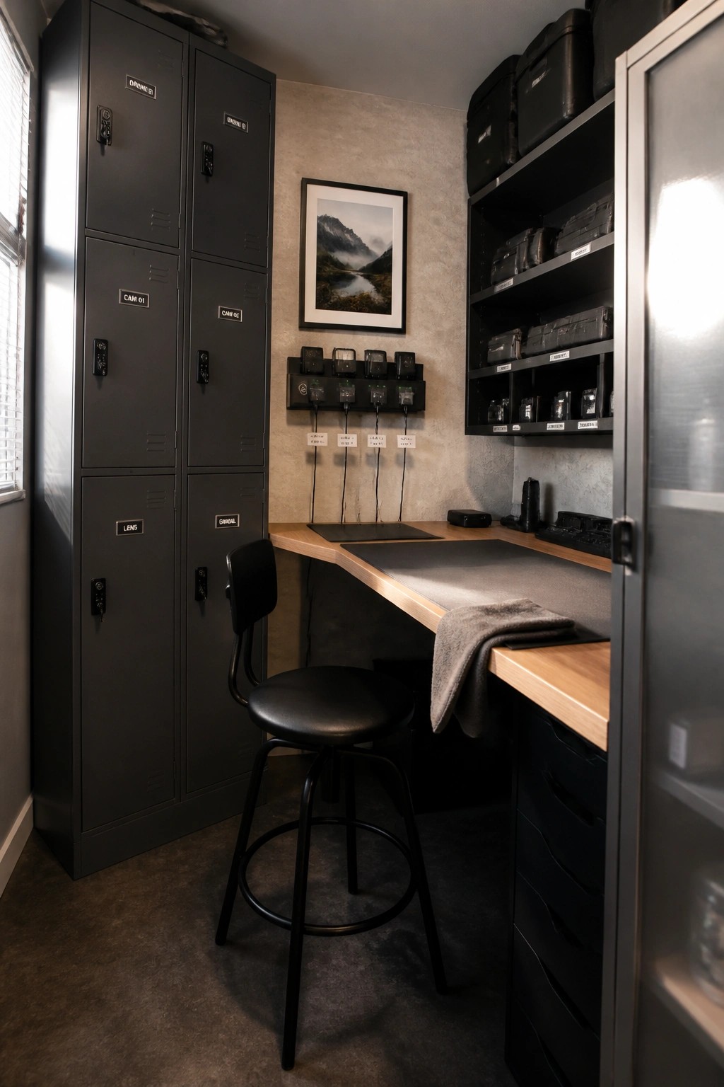 Dark gray lockers, wooden desk, black stool, and labeled equipment shelves in corner nook.