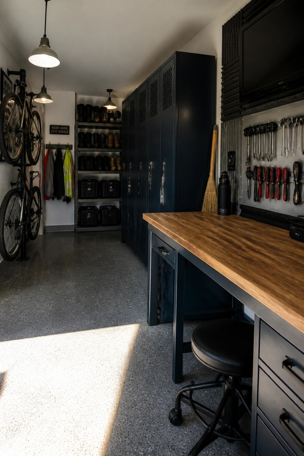 A garage interior showing tall dark blue locking cabinets, a wooden workbench with a black stool, wall-mounted tools, and bicycles stored on racks to the left.