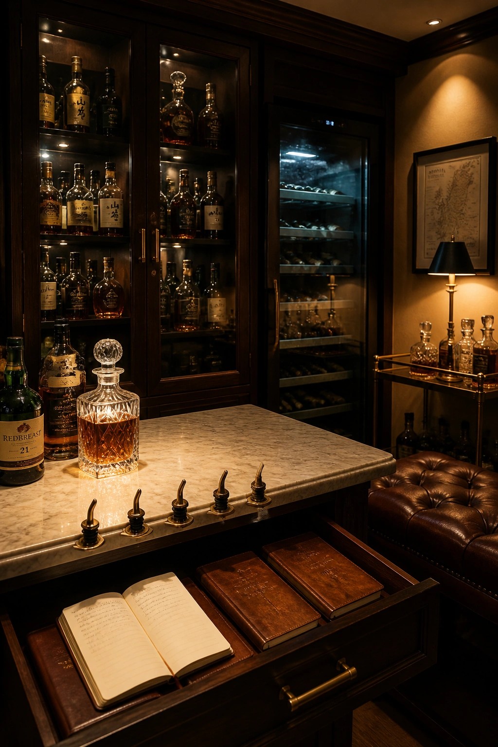 A home bar area with dark wood glass-front cabinets filled with whiskey bottles above a marble countertop, an open drawer holding leather books, and a brown leather chair nearby.