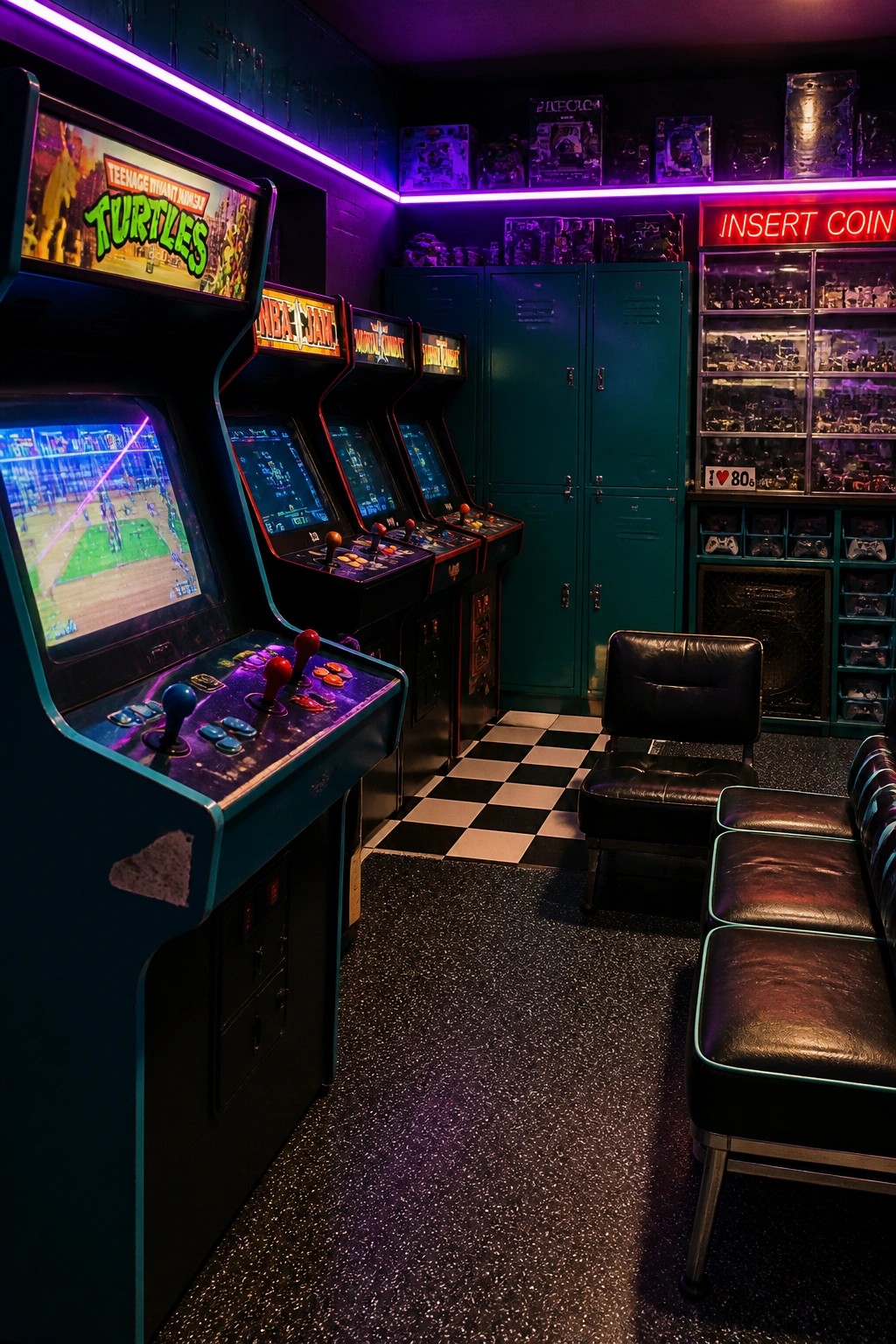 Retro arcade with TMNT and NBA Jam machines under purple neon lights