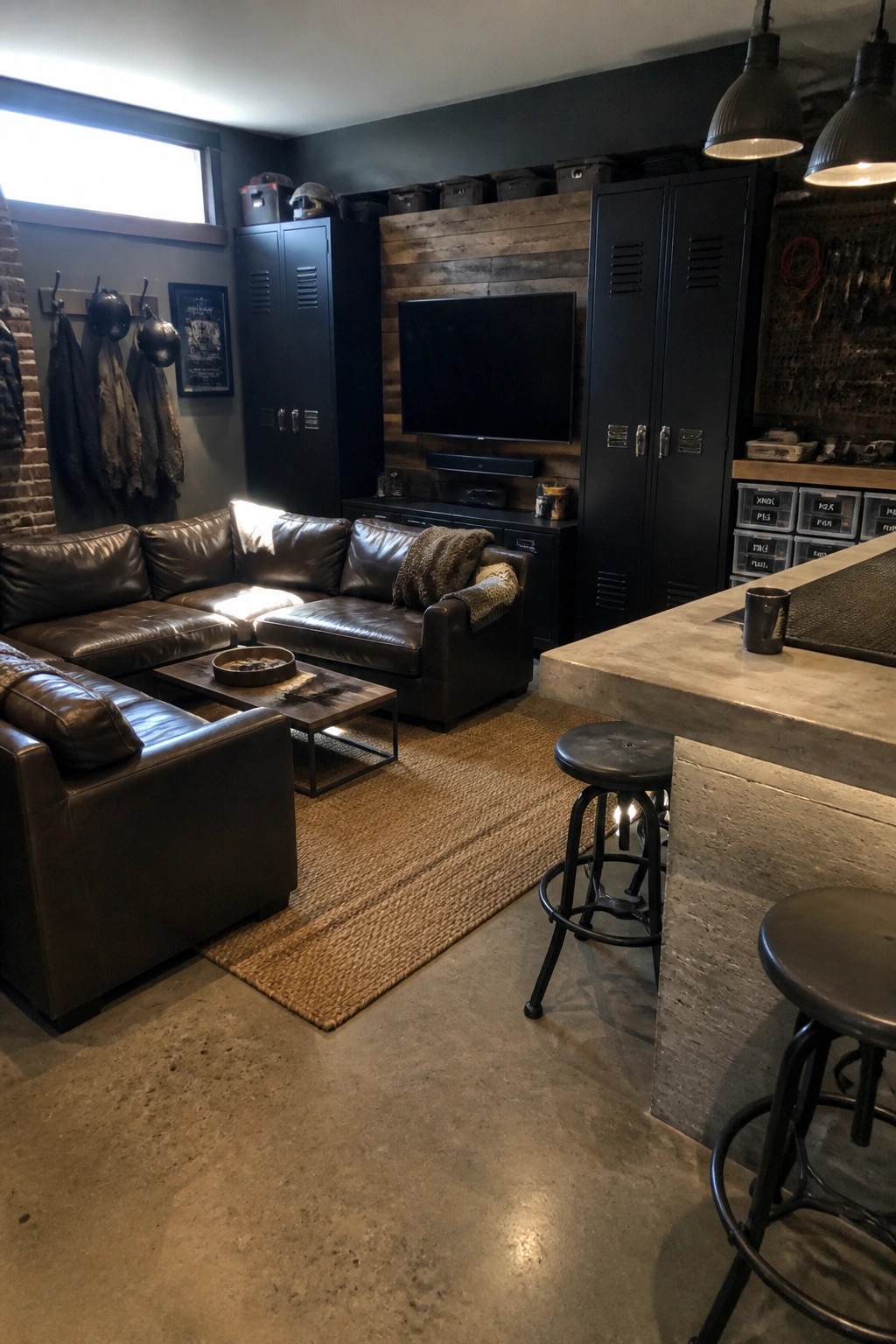 Industrial loft with dark leather sectional, black lockers, TV, and concrete bar stools