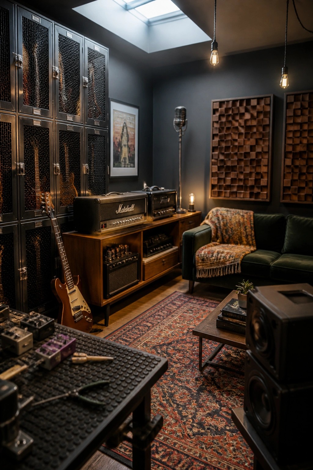 An indoor music room features tall black locking cabinets with mesh doors holding several guitars, amplifiers on a wooden console, a green sofa with a patterned throw, and a workbench with pedals and tools in the foreground.