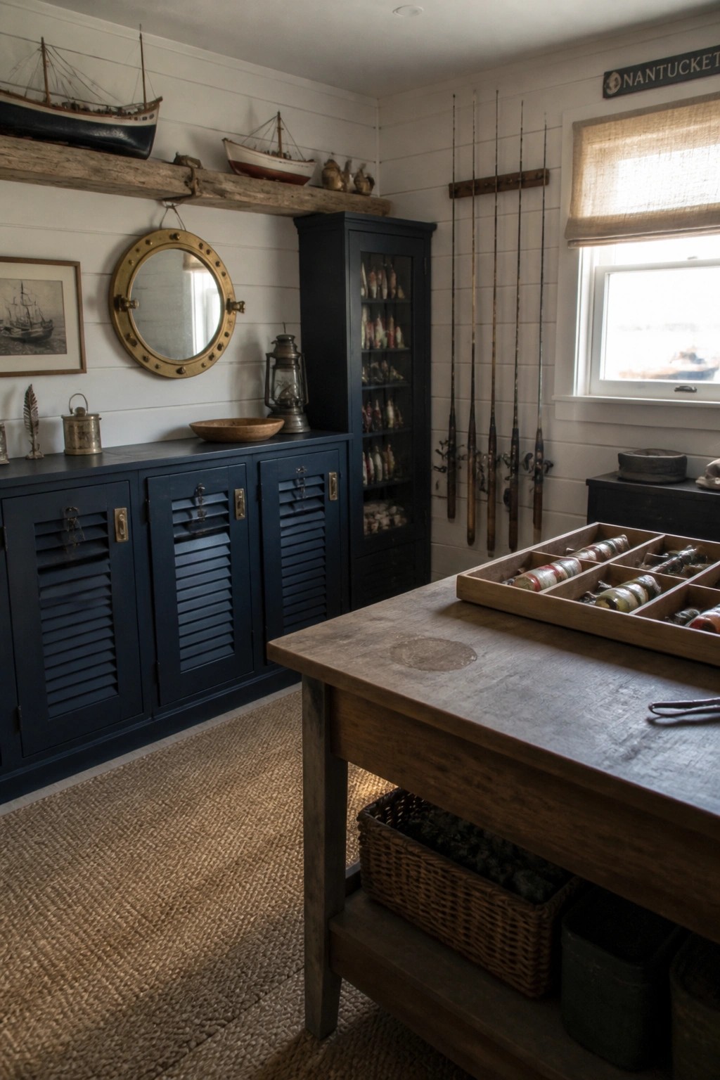 A room with dark blue cabinets along one wall, fishing rods mounted vertically on white paneling, and a wooden table holding tackle trays.