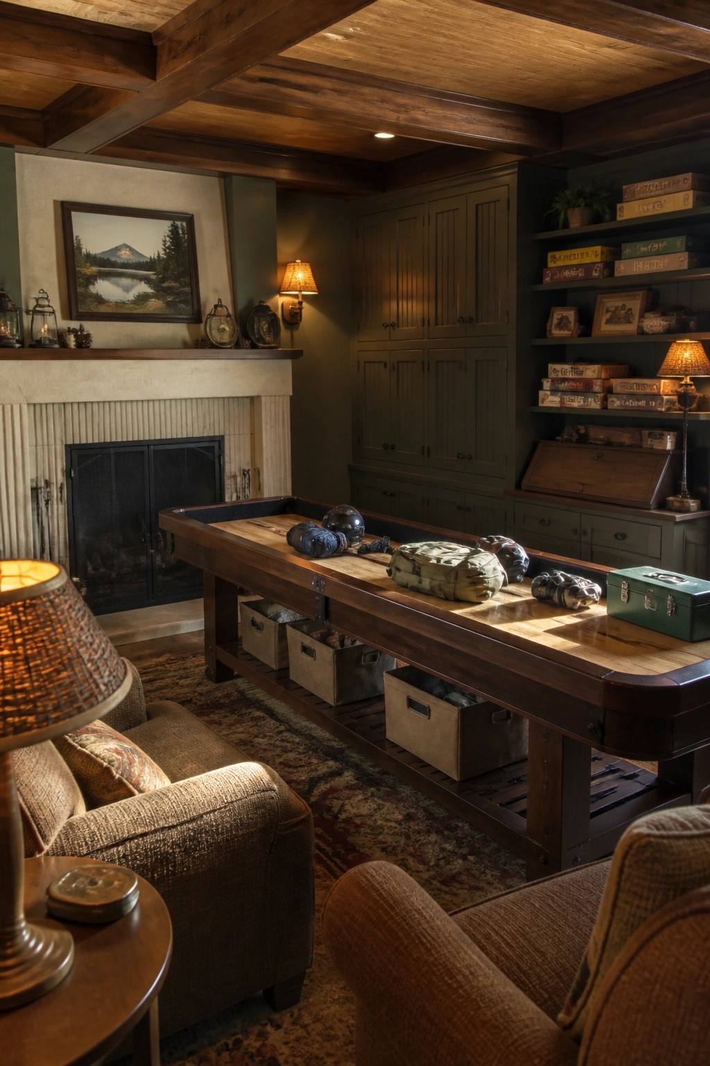 Rustic den with wooden table, stone fireplace, green bookshelves, and cozy armchairs.