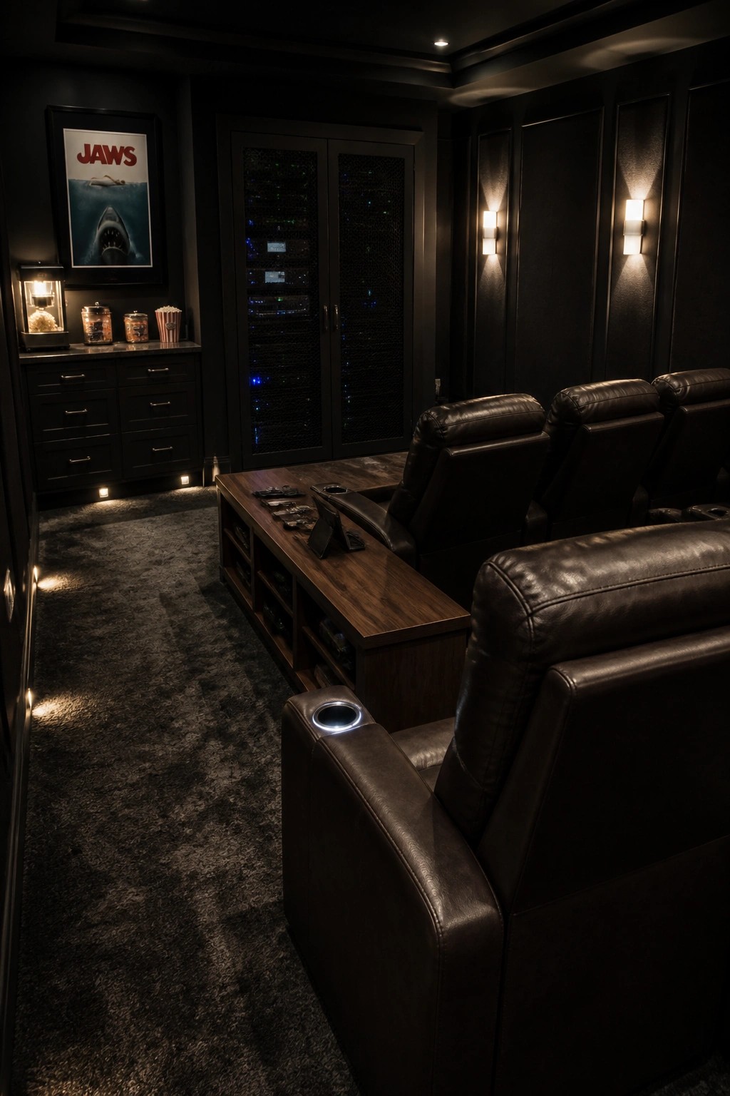 Dark home theater with leather recliners, wooden console, Jaws poster, and glowing media cabinet