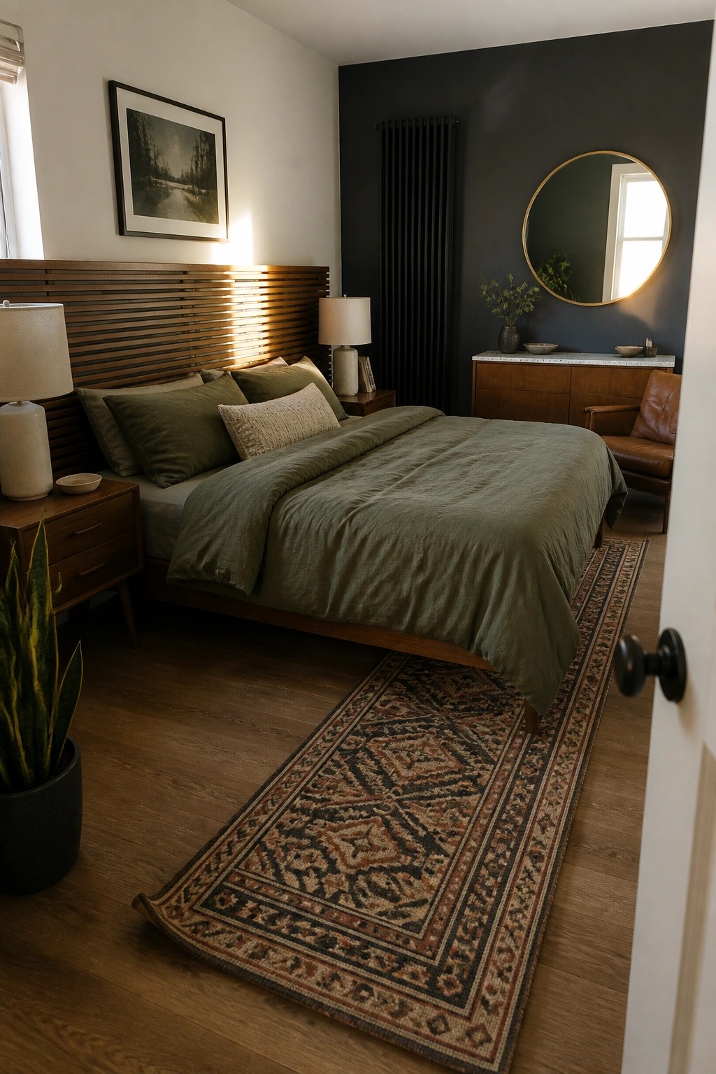 Modern bedroom with green bedding on wooden bed, round mirror, and patterned rug.