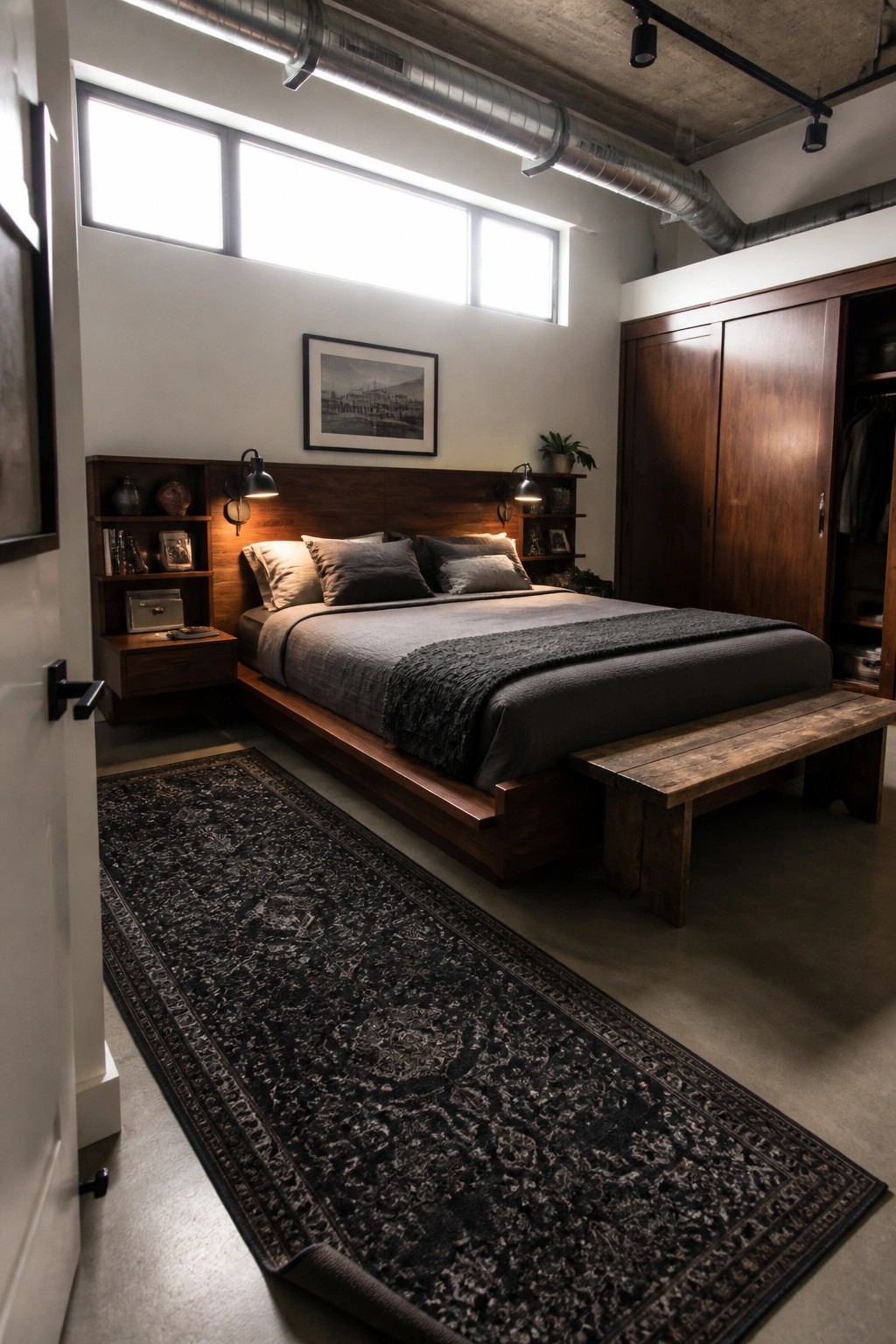 Modern industrial bedroom with wooden platform bed, gray bedding, dark rug, large windows.