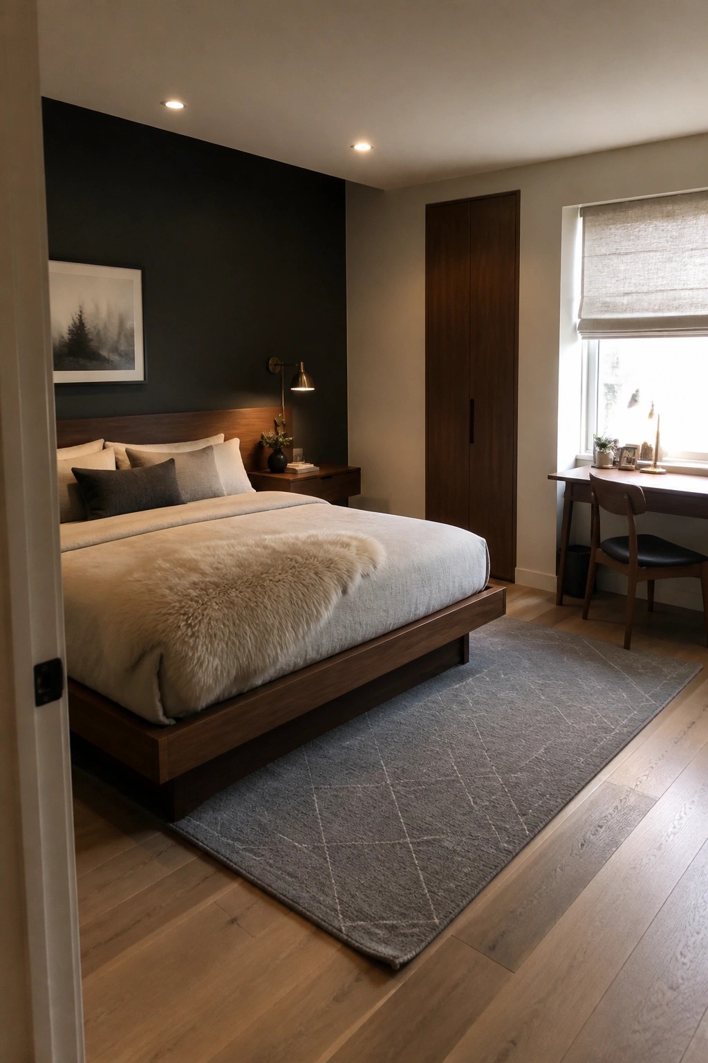 Modern bedroom with floating wood bed, fur throw, dark accent wall, and desk.