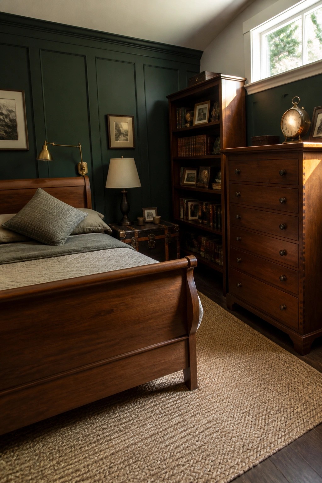 A bedroom with dark green paneled walls, a walnut sleigh bed, a tall wooden dresser, and a bookshelf.