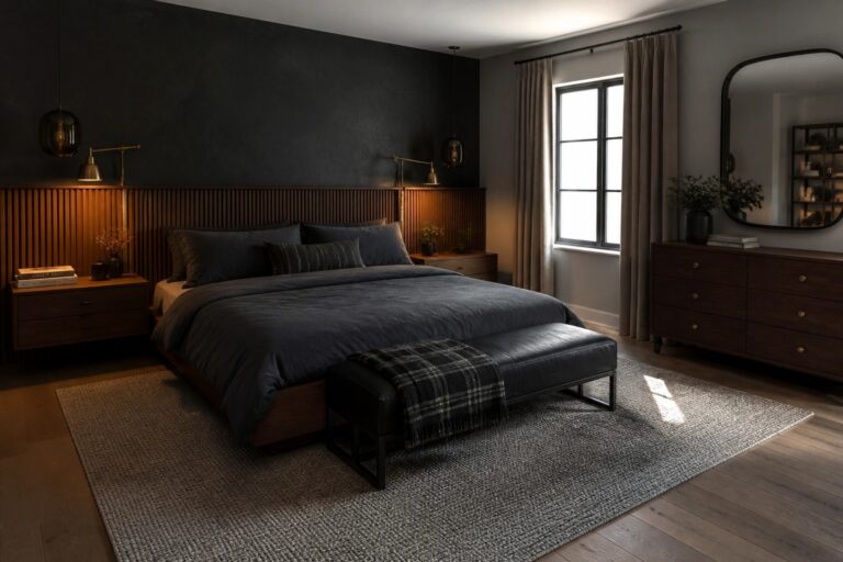 22 Refined Masculine Bedroom Ideas Featuring Walnut Furniture and Layered Lighting A bedroom featuring a large bed with dark bedding against a dark textured wall, flanked by wooden nightstands, with pendant lights, wall sconces, a leather bench at the foot of the bed, and a large area rug on hardwood flooring.