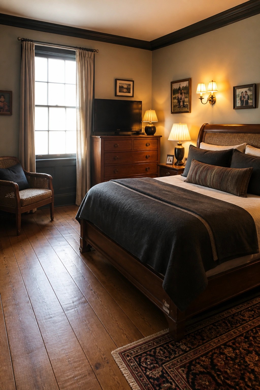 Cozy bedroom with dark wooden bed, dresser, TV, armchair, and window