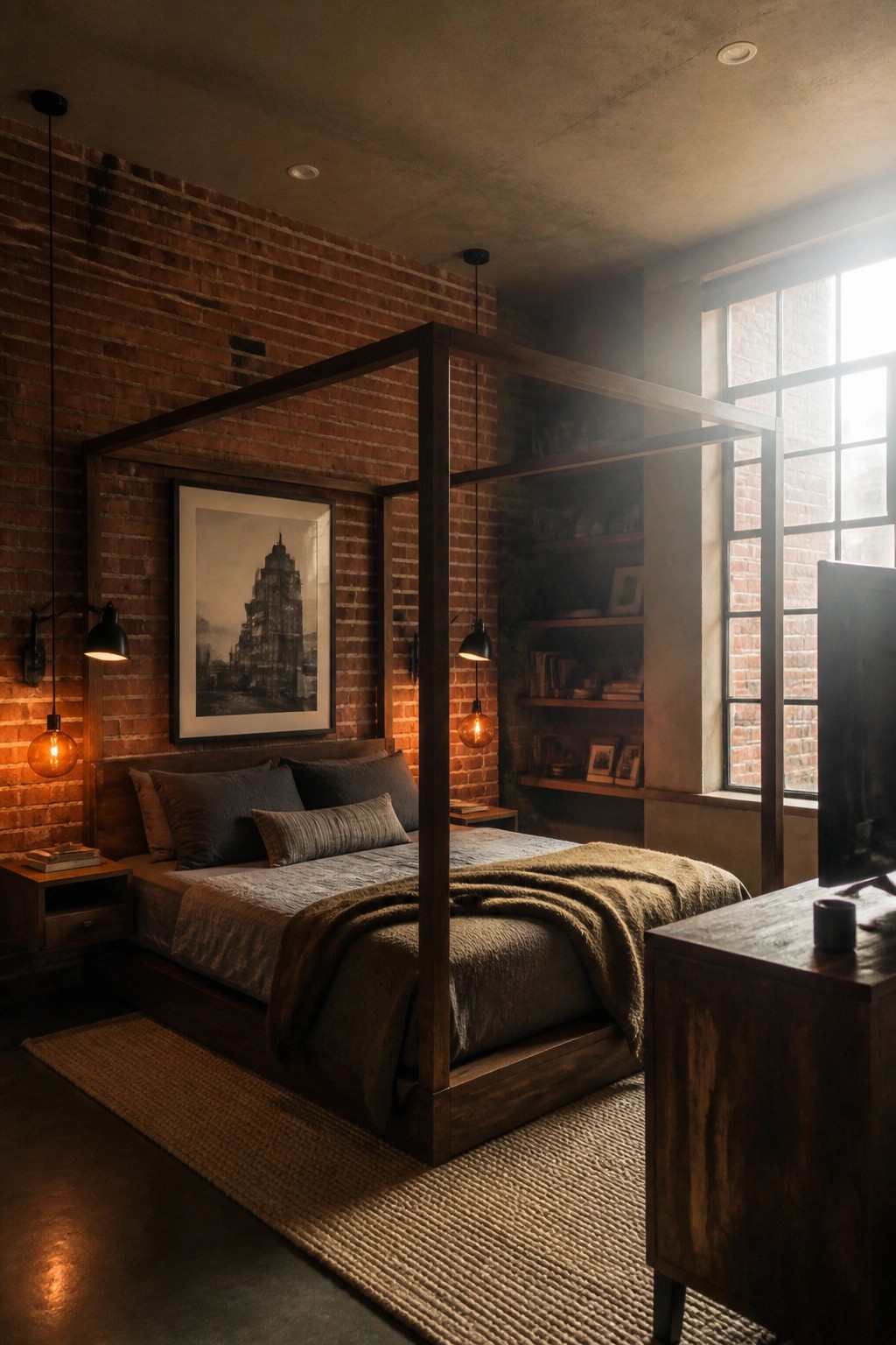 Cozy industrial bedroom with four-poster bed, brick walls, and warm pendant lights.