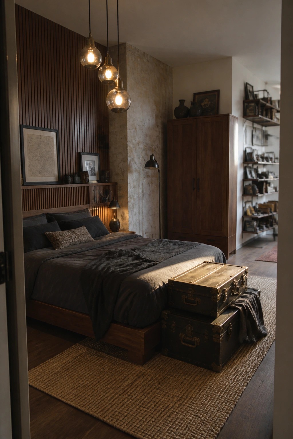 A masculine bedroom featuring a low walnut platform bed with dark bedding, multiple pendant lights, a tall wooden wardrobe, and stacked vintage trunks on a woven rug.