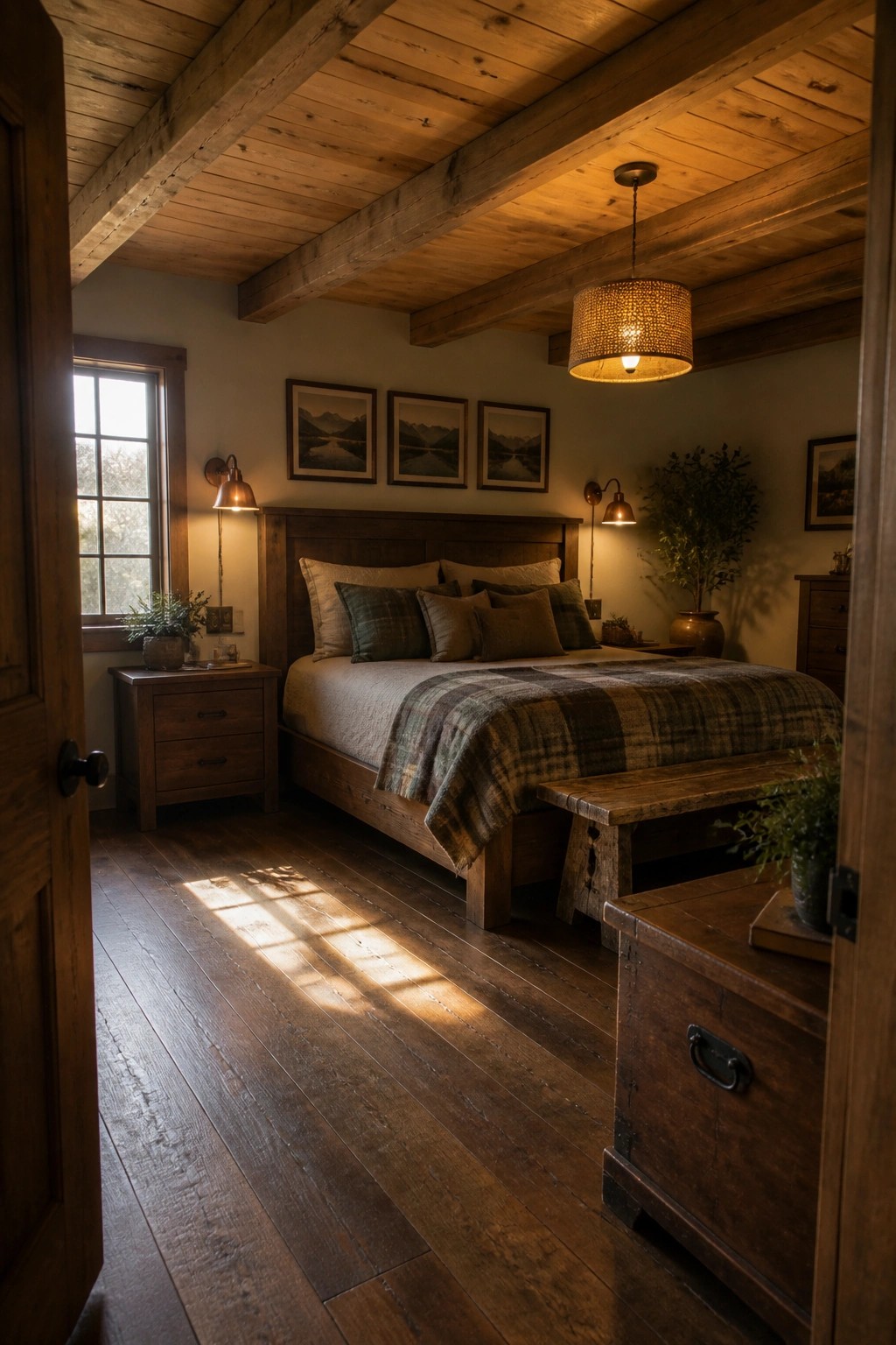 A bedroom interior with a dark wood bed frame, plaid bedding, wooden nightstands, exposed ceiling beams, wall sconces, a woven pendant light, and sunlight casting shadows across the floor.