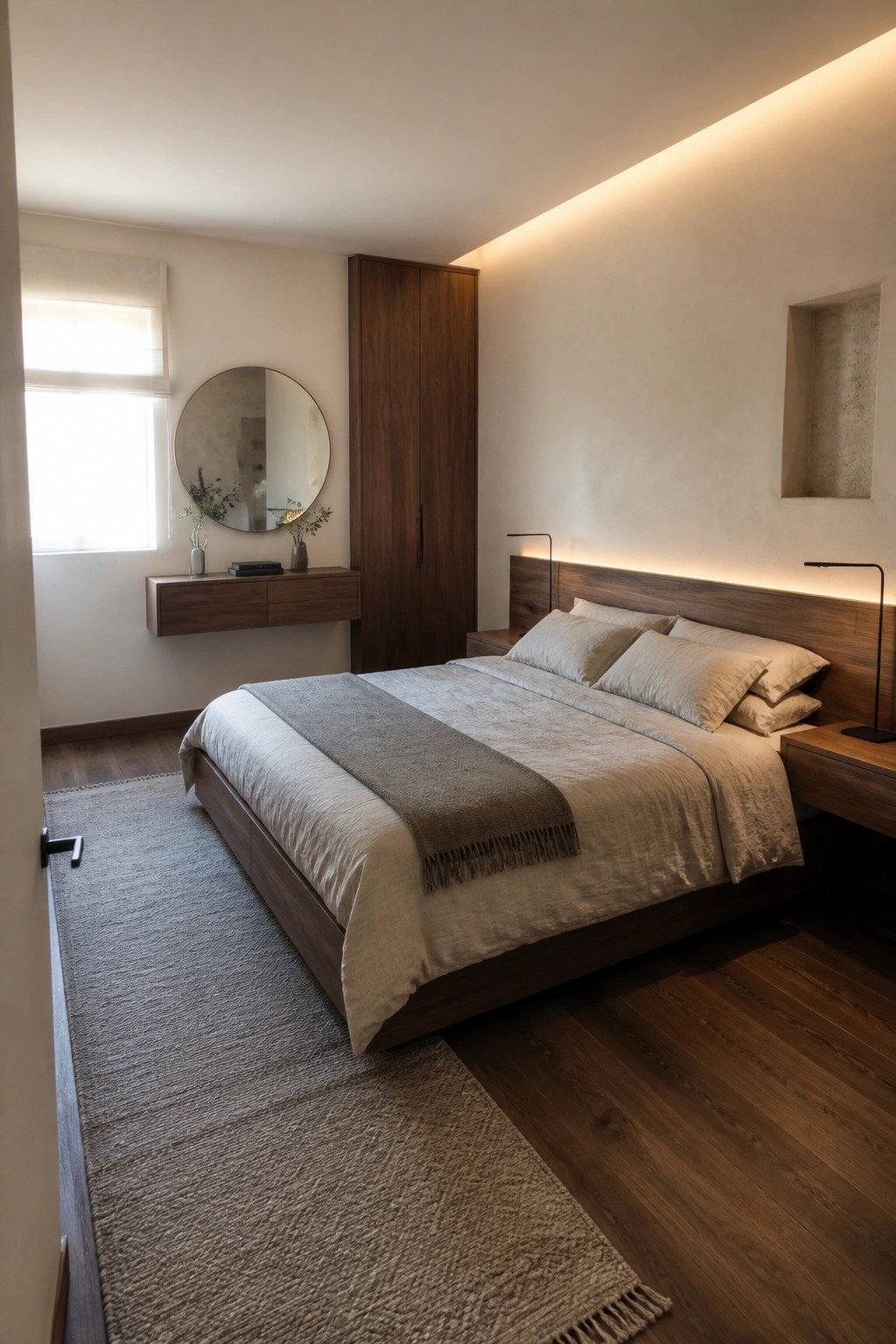 A bedroom with a walnut bed frame and headboard, layered neutral bedding, cove lighting behind the headboard, two wall-mounted lamps, a tall walnut wardrobe, and a floating walnut console beneath a round mirror.