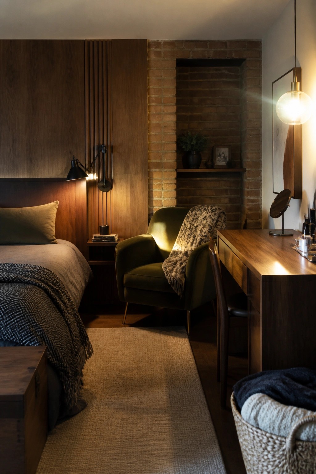A bedroom with dark walnut paneling and furniture, a green velvet armchair with a throw, multiple wall sconces, a pendant light, and a wooden desk area.