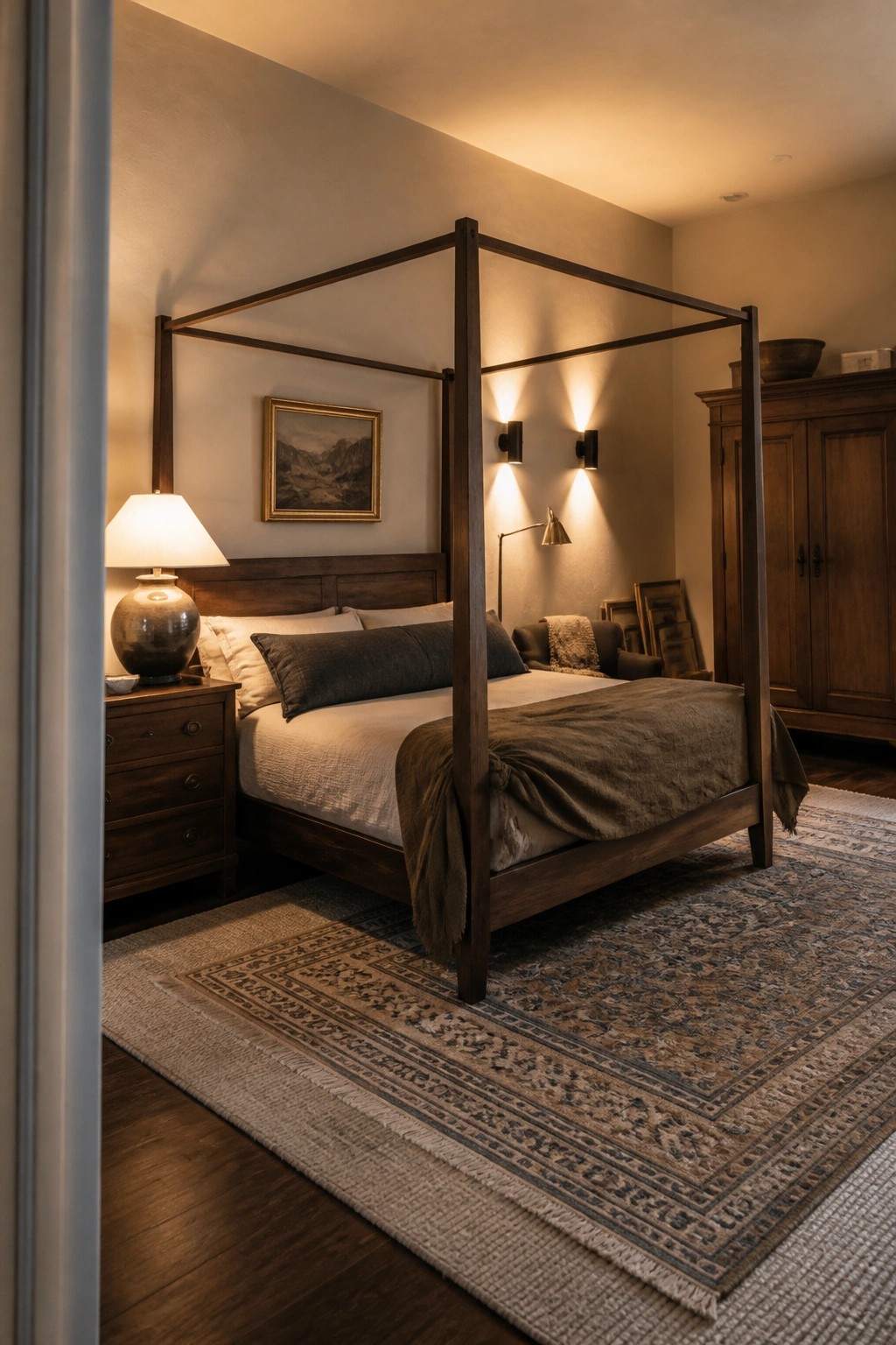 A bedroom with a dark wood four-poster bed, walnut nightstand, layered lighting from wall sconces and a table lamp, and a patterned rug on the floor.