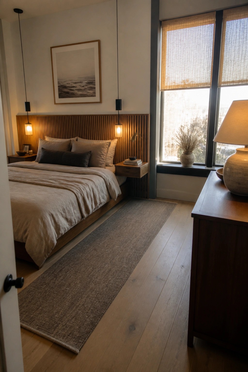 Modern bedroom with wooden headboard, beige bedding, pendant lights, and window view