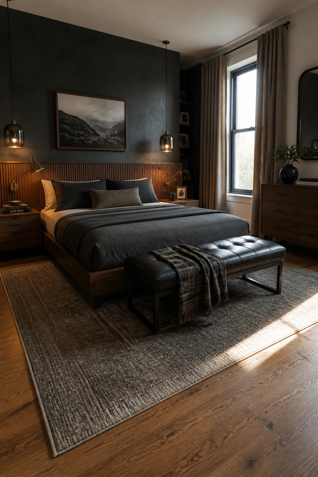 A bedroom featuring a large bed with dark bedding against a dark textured wall, flanked by wooden nightstands, with pendant lights, wall sconces, a leather bench at the foot of the bed, and a large area rug on hardwood flooring.