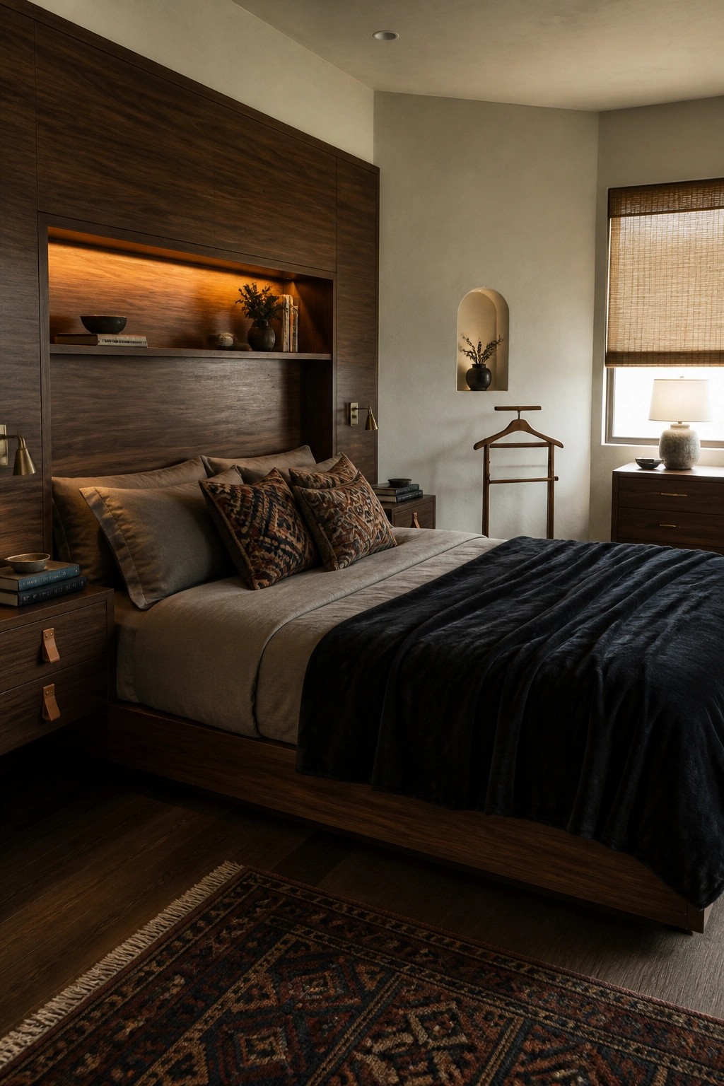 Modern bedroom with dark wood bed, black blanket, patterned pillows, and built-in shelving.